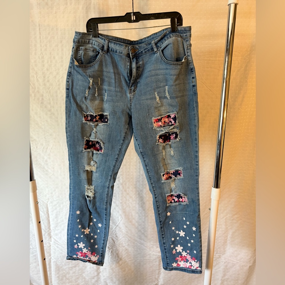 Floral Distressed Blue Jeans